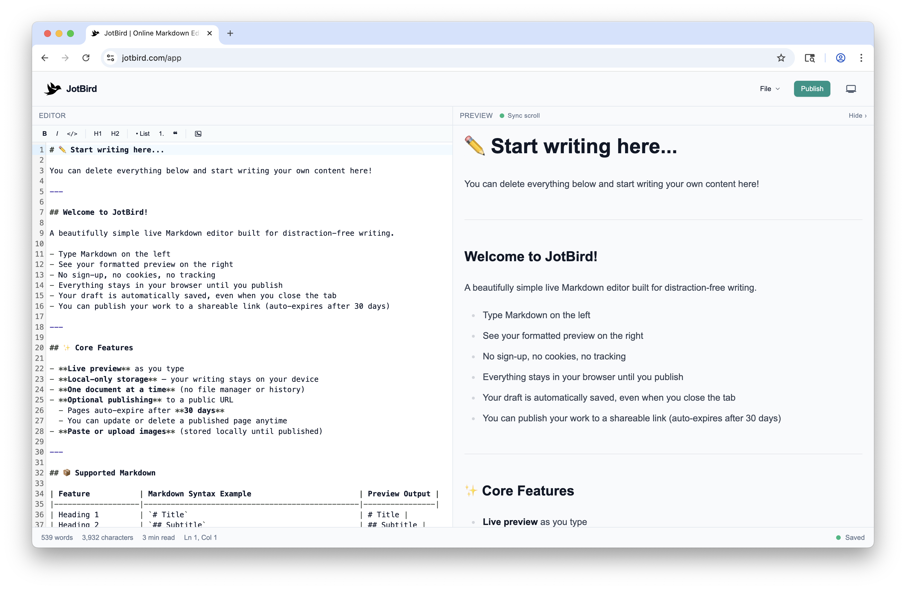 JotBird Markdown editor